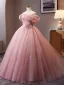Elegant Blushing Pink Flower Prom Dresses 2024 Ball Gown Off-The-Shoulder Short Sleeve Backless Sweep Train Prom Formal Dresses