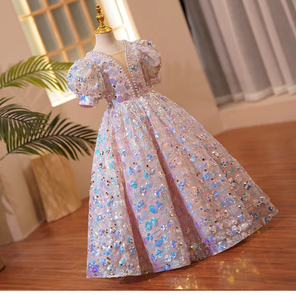 Scintillantes Mode Rougissant Rose Perle Faux Diamant Paillettes Anniversaire Robe Ceremonie Fille 2022 Robe Boule Encolure Carrée Gonflée Manches Courtes Dos Nu Longue Robe Ceremonie Fille