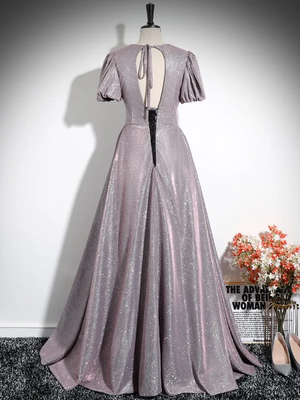 Sparkly Blushing Pink Glitter Prom Dresses 2024 A-Line / Princess V-Neck Short Sleeve Backless Floor-Length / Long Prom Formal Dresses