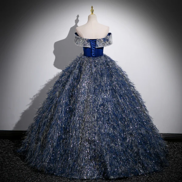 Vintage / Retro Bling Bling Navy Blue Beading Sequins Tassel Prom Dresses Ball Gown 2023 Off-The-Shoulder Sleeveless Backless Floor-Length / Long Prom Formal Dresses