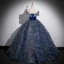 Vintage / Retro Bling Bling Navy Blue Beading Sequins Tassel Prom Dresses Ball Gown 2023 Off-The-Shoulder Sleeveless Backless Floor-Length / Long Prom Formal Dresses
