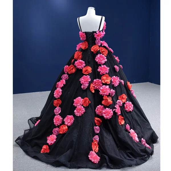 Fantaisie Appliques Noire Robe De Bal 2022 Robe Boule Bretelles Spaghetti Sans Manches Dos Nu Train De Balayage Robe De Ceremonie