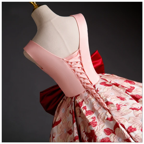 Lovely Blushing Pink Printing Prom Dresses 2023 Ball Gown V-Neck Sleeveless Backless Bow Floor-Length / Long Prom Formal Dresses