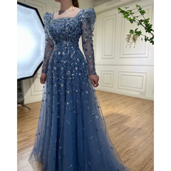 High End Meeresblau Handgefertigt Perlenstickerei Pailletten Ballkleider 2024 A Linie Eckiger Ausschnitt Lange Ärmel Lange Ball Festliche Kleider