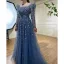 High End Meeresblau Handgefertigt Perlenstickerei Pailletten Ballkleider 2024 A Linie Eckiger Ausschnitt Lange Ärmel Lange Ball Festliche Kleider