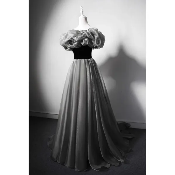 Chic / Beautiful Black Prom Dresses 2023 A-Line / Princess Ruffle Off-The-Shoulder Sleeveless Backless Floor-Length / Long Prom Formal Dresses