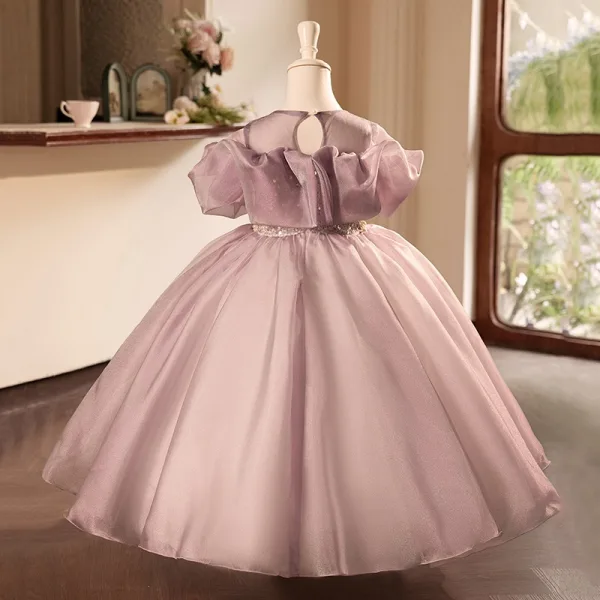 Chic / Beautiful Dusky Pink Beading Pearl Sequins Birthday Flower Girl Dresses 2024 Ball Gown Scoop Neck Ruffle Short Sleeve Backless Floor-Length / Long Flower Girl Dresses