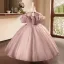 Chic / Beautiful Dusky Pink Beading Pearl Sequins Birthday Flower Girl Dresses 2024 Ball Gown Scoop Neck Ruffle Short Sleeve Backless Floor-Length / Long Flower Girl Dresses