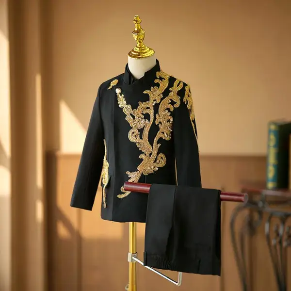 Chinese style Black Beading Lace Flower 2-piece Boys Wedding Suits 2024 Long Sleeve Coat Pants