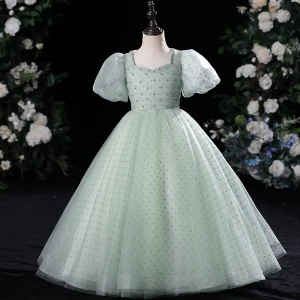 Simple Vert Cendré Perle Anniversaire Robe Ceremonie Fille 2024 Robe Boule Encolure Carrée Manches Courtes Longue