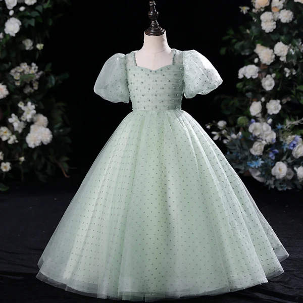 Modest / Simple Sage Green Pearl Birthday Flower Girl Dresses 2024 Ball Gown Square Neckline Short Sleeve Floor-Length / Long
