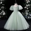 Modest / Simple Sage Green Pearl Birthday Flower Girl Dresses 2024 Ball Gown Square Neckline Short Sleeve Floor-Length / Long