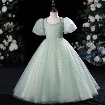 Modest Simple Sage Green Pearl Birthday Flower Girl Dresses 2024 Ball Gown Square Neckline Short Sleeve Floor Length Long