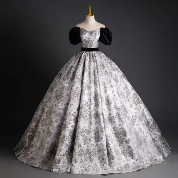 Élégant Noire Impression Robe De Bal 2023 Robe Boule De L Épaule Gonflée Manches Courtes Dos Nu Noeud Longue Promo Robe De Ceremonie