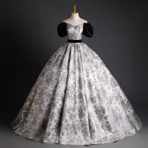 Elegantes Negro Impresión Vestidos De Gala 2023 Ball Gown Fuera Del Hombro Hinchado Manga Corta Sin Espalda Bowknot Largos Gala Vestidos Formales