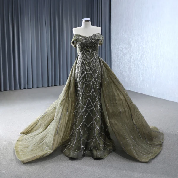 High-end Burgundy Handmade  Beading Evening Dresses 2024 Trumpet / Mermaid Off-The-Shoulder Short Sleeve Backless Court Train Evening Party Formal Dresses