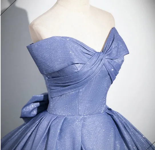 Chic / Beautiful Glitter Sky Blue Prom Dresses 2024 Ball Gown Strapless Sleeveless Backless Bow Floor-Length / Long Prom Formal Dresses