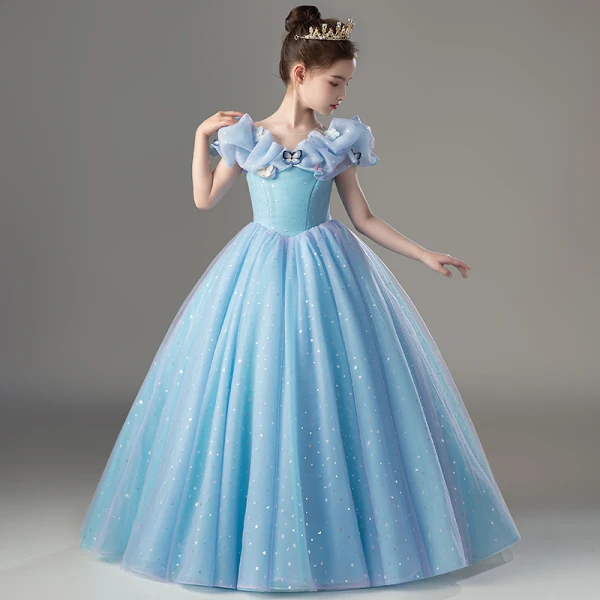 Cinderella Sky Blue Birthday Flower Girl Dresses Ball Gown 2022 Scoop Neck Lace Butterfly Sequins Star Short Sleeve Floor-Length / Long Flower Girl Dresses