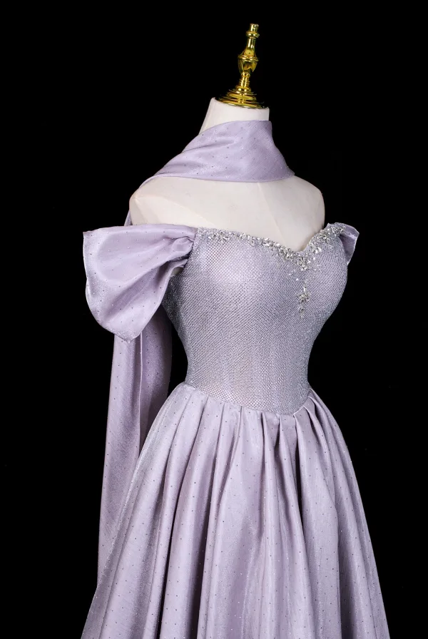 Charmant Lavendel Strass Pailletten Ballkleider 2026 A Linie Off Shoulder Kurze Ärmel Rückenfreies Lange Festliche Kleider