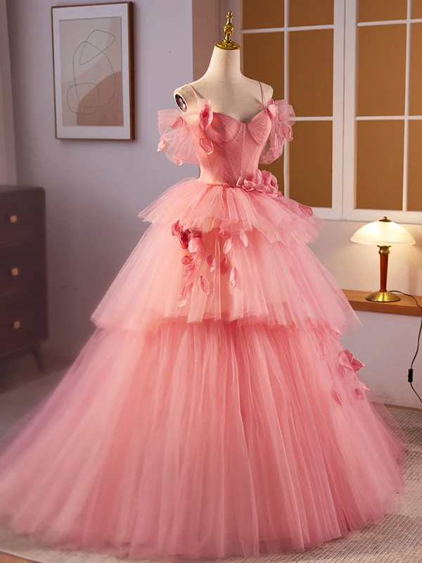 Chic / Belle Rougissant Rose Volants en Cascade Appliques Robe De Bal 2024 Robe Boule Bretelles Spaghetti Manches Courtes Dos Nu Longue Promo Robe De Ceremonie