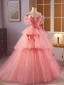 Chic / Belle Rougissant Rose Volants en Cascade Appliques Robe De Bal 2024 Robe Boule Bretelles Spaghetti Manches Courtes Dos Nu Longue Promo Robe De Ceremonie