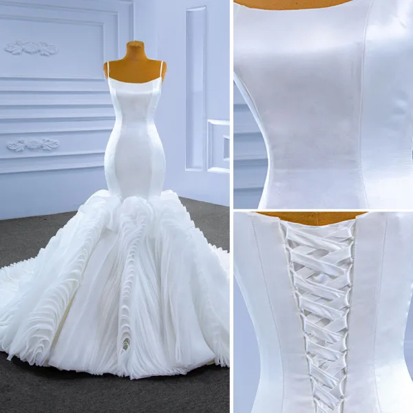 Haut de Gamme Blanche Volants Robe De Mariée 2022 Trompette / Sirène Bretelles Spaghetti Sans Manches Dos Nu Chapel Train Mariage