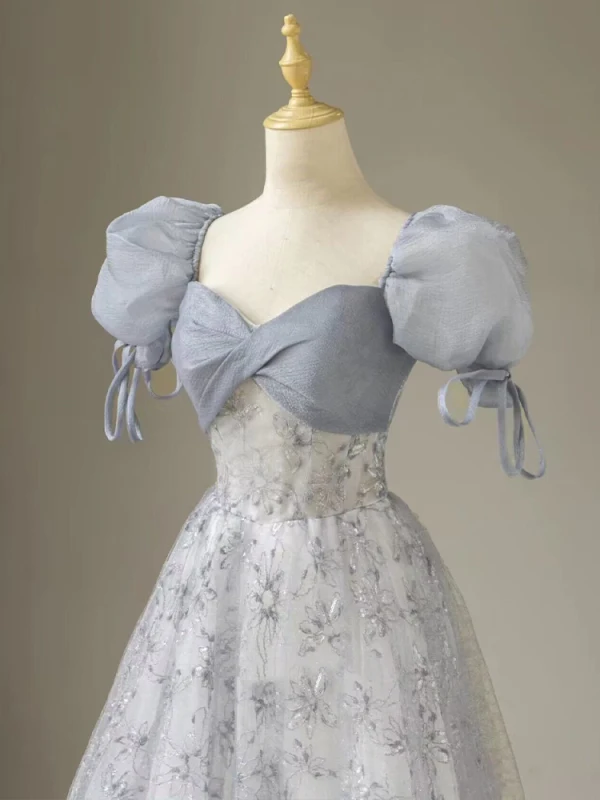 Chic / Beautiful Silver Grey Sequins Prom Dresses 2023 A-Line / Princess Square Neckline Puffy Short Sleeve Backless Bow Floor-Length / Long Prom Formal Dresses