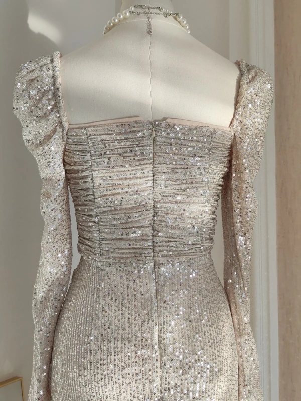 Sexy Champagne Paillettes Robe De Soirée 2023 Trompette / Sirène Encolure Carrée Manches Longues Dos Nu Thé Longueur Soirée Robe De Ceremonie