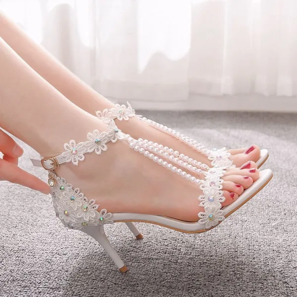 Charming Multi-Colors T-Strap Pearl Lace Flower Prom Womens Sandals 2024 7 cm Stiletto Heels Open / Peep Toe Sandals High Heels