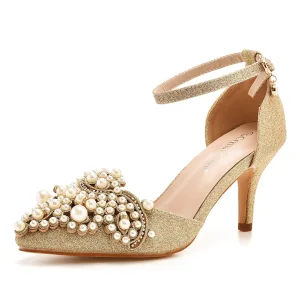 Charming Bling Bling Gold Pearl Rhinestone Wedding Shoes 2023 Ankle Strap 7 Cm Stiletto Heels Pointed Toe Wedding High Heels