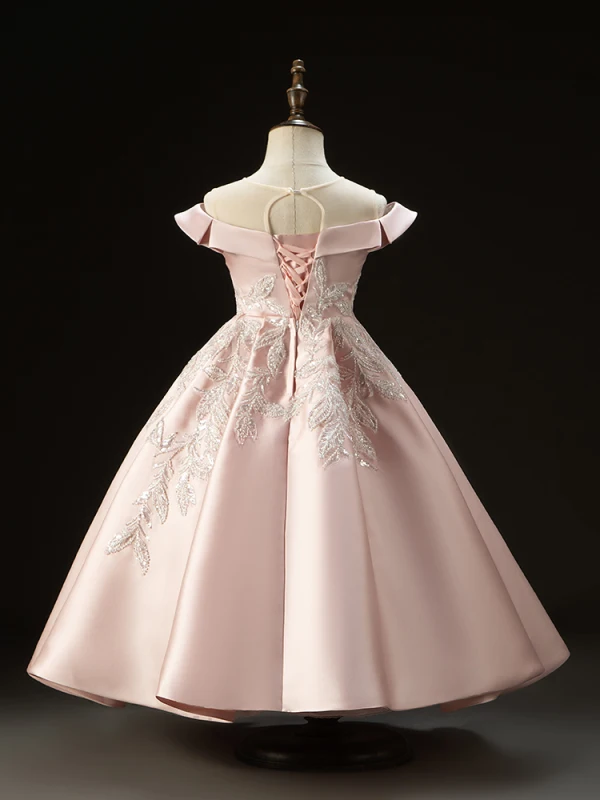 Vintage / Retro Blushing Pink Beading Sequins Satin Birthday Flower Girl Dresses 2024 Ball Gown Scoop Neck Sleeveless Backless Floor-Length / Long
