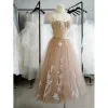 Sexy Champagne Beading Pearl Lace Flower Party Dresses 2023 A-Line / Princess Spaghetti Straps Sleeveless Backless Tea-length Formal Dresses