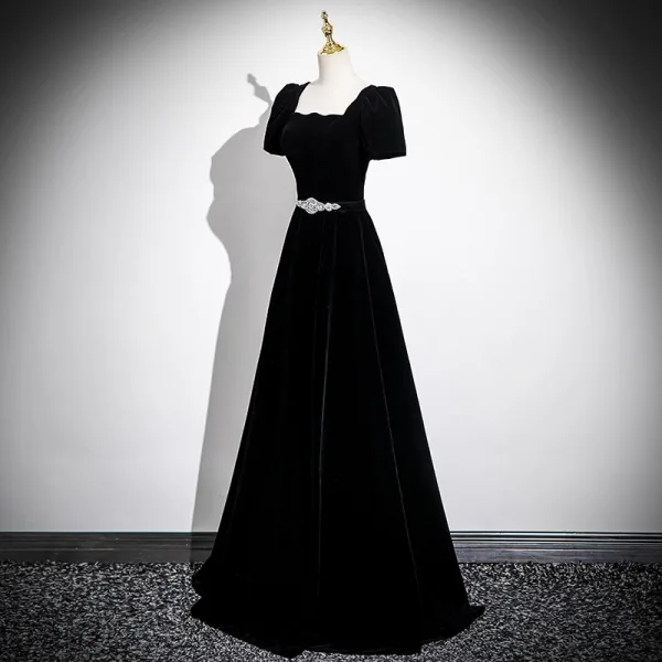 Chic / Beautiful Black Rhinestone Velvet Evening Dresses 2025 A-Line /  Princess Square Neckline Short Sleeve Backless Floor-Length / Long Evening  Party Formal Dresses