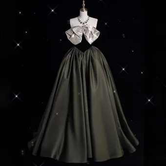 Élégant Armée Verte Noeud Satin Robe De Bal 2024 Robe Boule Bustier Sans Manches Dos Nu Longue Promo Robe De Ceremonie