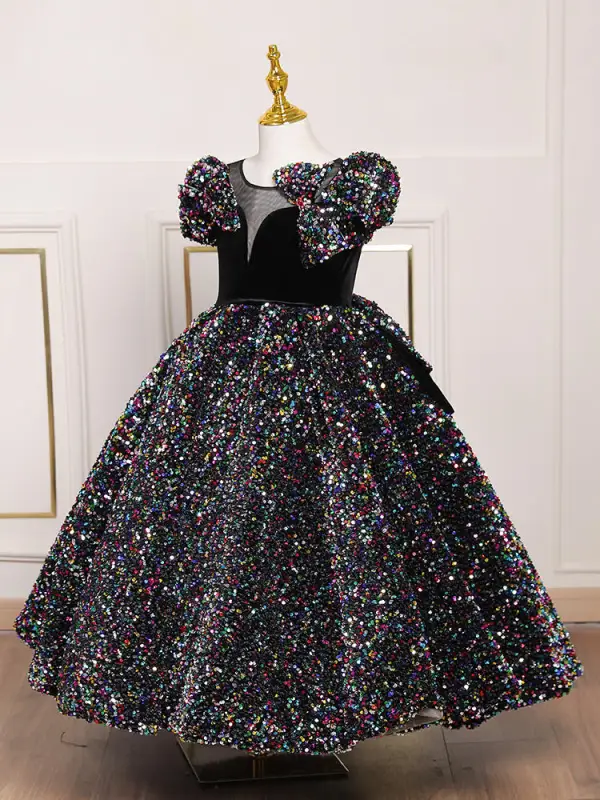 Sparkly Multi-Colors Sequins Birthday Black Flower Girl Dresses 2022 Ball Gown Scoop Neck Puffy Short Sleeve Backless Floor-Length / Long Flower Girl Dresses