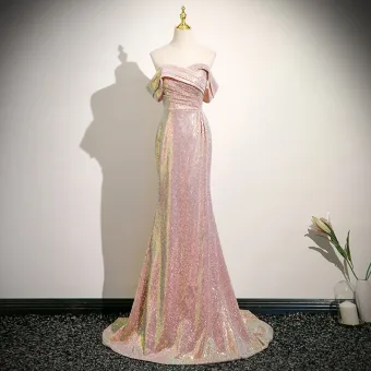 Scintillantes Sexy Rougissant Rose Paillettes Robe De Bal 2025 Trompette Sirène De L Épaule Manches Courtes Dos Nu Train De Balayage Robe De Ceremonie