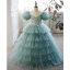 Chic / Belle Vert Citron Perlage Anniversaire Volants en Cascade Robe Ceremonie Fille 2023 Robe Boule Encolure Dégagée Gonflée Manches Courtes Longue Robe Ceremonie Fille