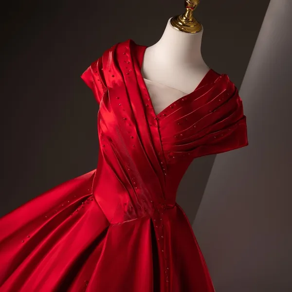 Chic / Beautiful Red Beading Prom Dresses 2025 Ball Gown V-Neck Short Sleeve Backless Floor-Length / Long Formal Dresses