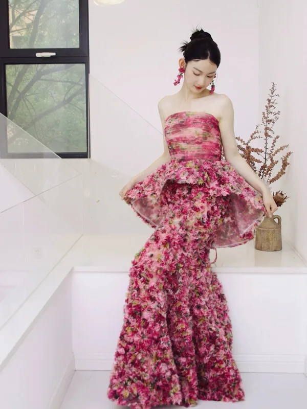 Fancy Blushing Pink Multi-Colors Floral Prom Dresses 2025 Trumpet / Mermaid Strapless Sleeveless Backless Floor-Length / Long Formal Dresses