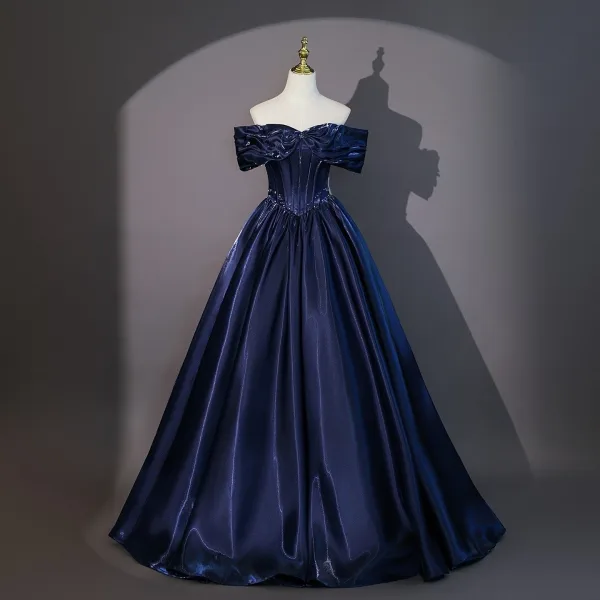 Vintage / Retro Navy Blue Prom Dresses 2026 Ball Gown Off-The-Shoulder Short Sleeve Backless Floor-Length / Long Formal Dresses