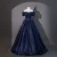 Vintage / Retro Navy Blue Prom Dresses 2026 Ball Gown Off-The-Shoulder Short Sleeve Backless Floor-Length / Long Formal Dresses
