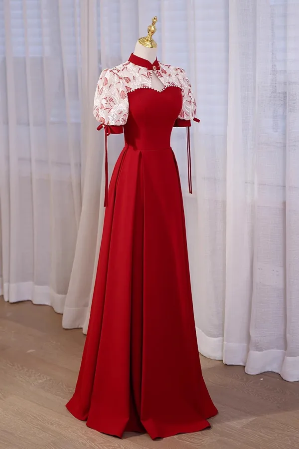 Chinese style Burgundy Pearl Satin Cheongsam Evening Dresses Prom Dresses 2023 A-Line / Princess High Neck Short Sleeve Backless Floor-Length / Long Evening Party Prom Dresses Formal Dresses