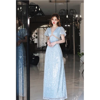 Scintillantes Bleu Ciel Paillettes Robe De Soirée 2022 Princesse Encolure Dégagée Manches Courtes Longue Soirée Robe De Ceremonie