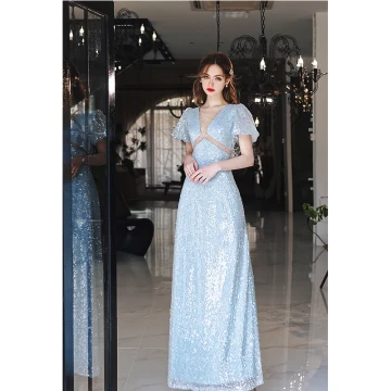 Sparkly Sky Blue Sequins Evening Dresses 2022 A Line Princess Scoop Neck Short Sleeve Floor Length Long Evening Party Formal Dresses