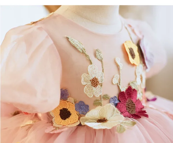 Chic / Beautiful Blushing Pink Short Lace Flower Bow Birthday Flower Girl Dresses 2024 Ball Gown Scoop Neck Short Sleeve Tulle