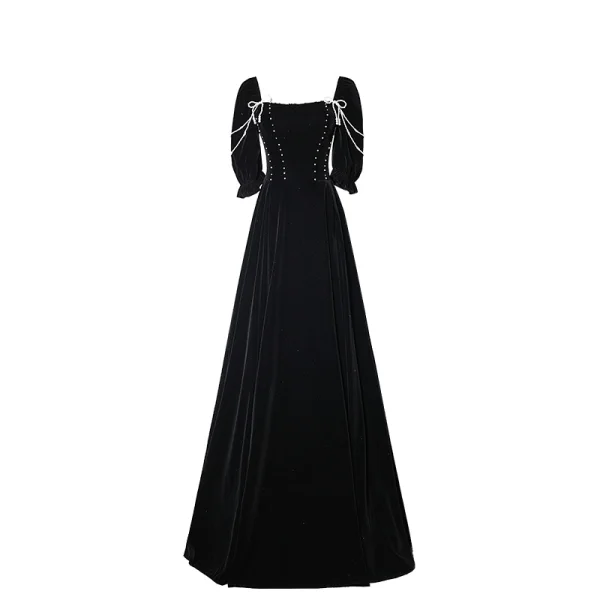 Elegant Black Pearl Evening Dresses 2023 A-Line / Princess Square Neckline Short Sleeve Backless Floor-Length / Long Evening Party Formal Dresses