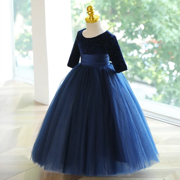 Vintage / Retro Navy Blue Sequins Birthday Flower Girl Dresses 2023 Ball Gown Scoop Neck Bow 3/4 Sleeve Floor-Length / Long Flower Girl Dresses