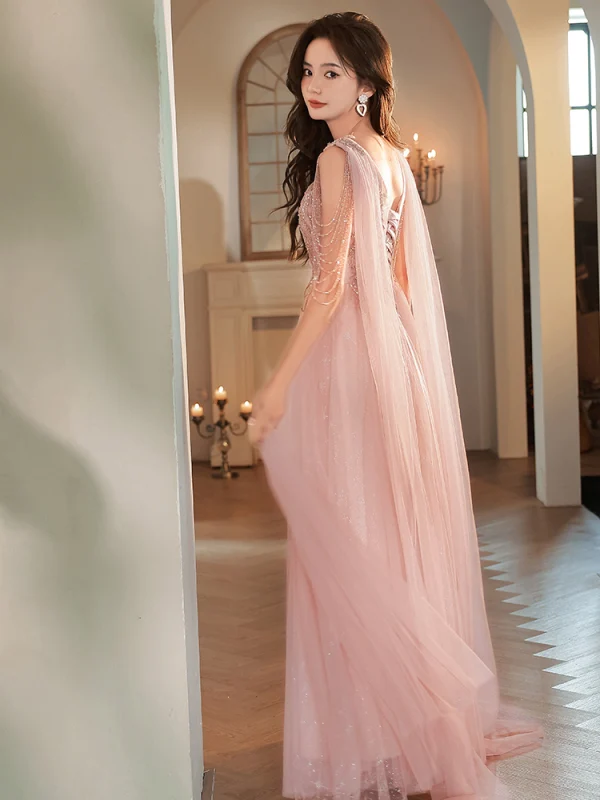 Charmant Pink Perlenstickerei Quaste Pailletten Ballkleider 2023 A Linie V-Ausschnitt Ärmellos Rückenfreies Lange Ball Festliche Kleider