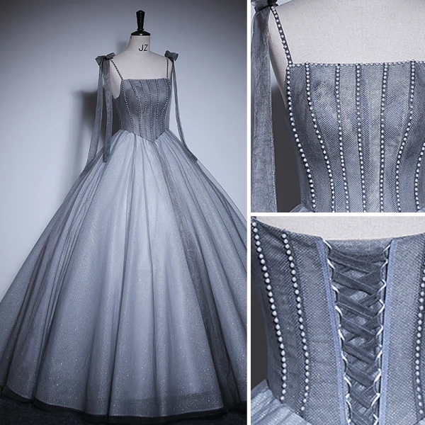 Chic / Beautiful Grey Pearl Prom Dresses 2023 Ball Gown Spaghetti Straps Sleeveless Backless Floor-Length / Long Prom Formal Dresses