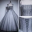 Chic / Beautiful Grey Pearl Prom Dresses 2023 Ball Gown Spaghetti Straps Sleeveless Backless Floor-Length / Long Prom Formal Dresses